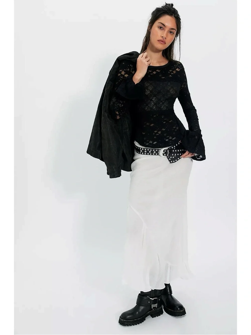 Free People Witchy Victorian Sheer Lace Flared Long Sleeve Top Black Small NWT